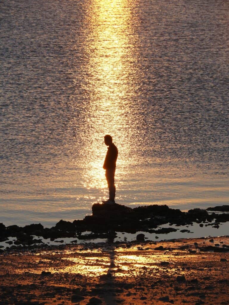 A person in silhouette on a rocky outcrop against shimmering water at golden hour